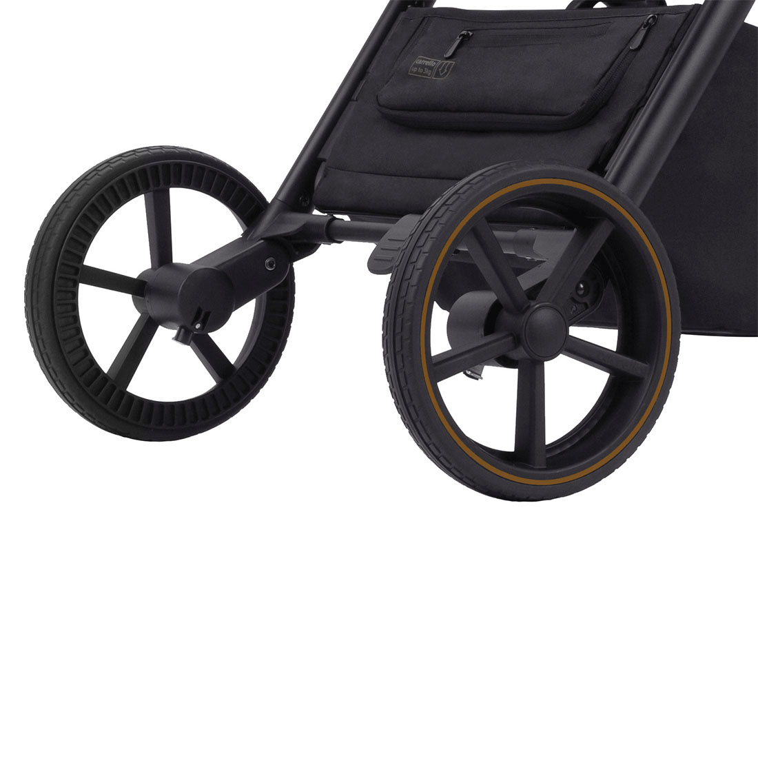 Der Universal-Kinderwagen Epica 3 in 1 2025 Durch adaptive Dämpfung wird der Lauf des Kinderwagens weicher und überschüssige Vibrationen absorbiert.