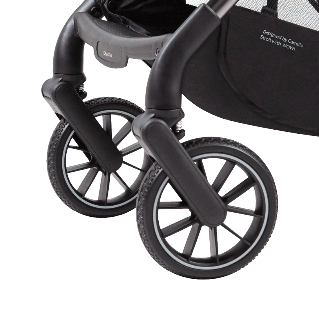 Прогулочная коляска Delta ANIM Передние колёса поворотные на 360°, оборудованы амортизацией.