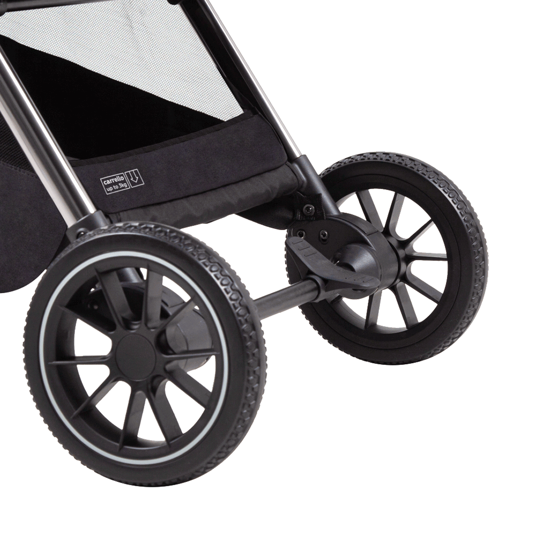 Прогулочная коляска Delta ANIM Протектор на резиновых покрышках колёс обеспечит должное сцепление с дорожным покрытием, диаметр колёс обеспечивает достаточную проходимость в любое время года.  Все колёса быстросъёмные.